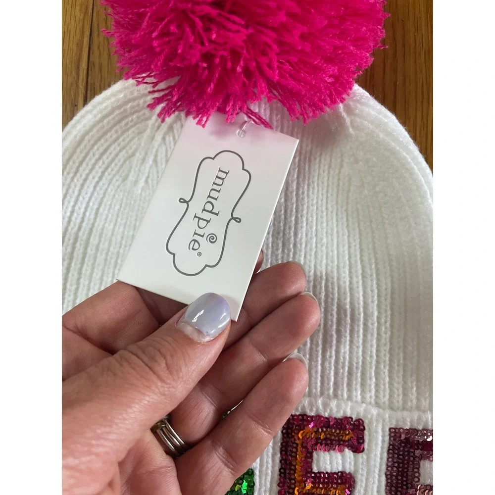 Mud Pie White Cheer Sequin Beanie Pink Pom Pom Ribbed Knit‎ Winter Hat NWT
